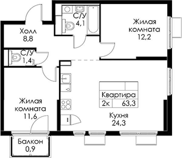 2-комнатная квартира 63.3 м², 4/13 эт., ЖК «Кантемировская 11»